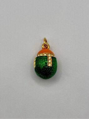 Joan Rivers Green Enamel Fabergé Egg Style Charm Pendant w Rhinestone Accents